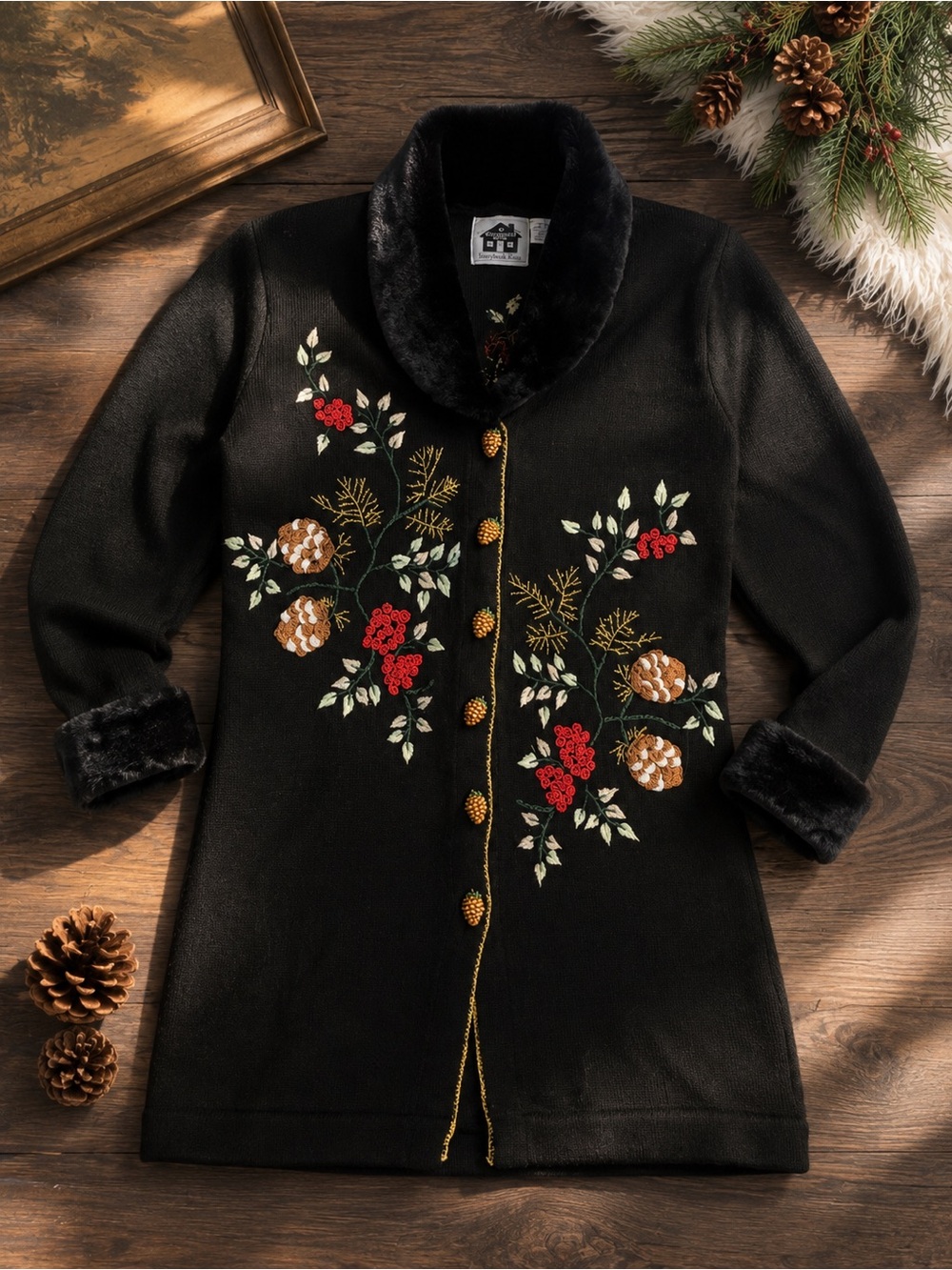 Storybook Knits Black Embroidered Floral Cardigan